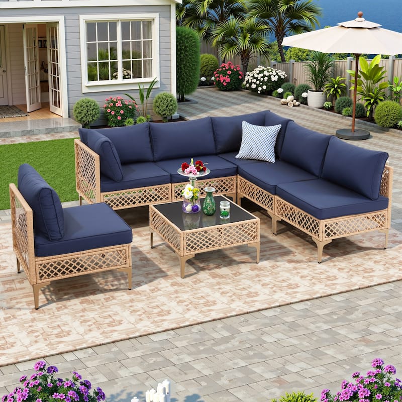 7-Piece Wicker Patio Conversation Set with Cushions,6 Sofas, 1 Table