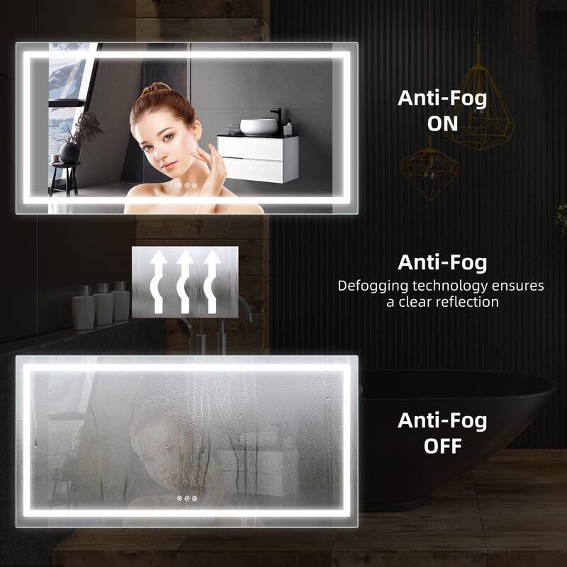 LED Bathroom Mirrorwith Front and Backlight, Stepless Dimmable Wall Mirrors with Anti-Fog
