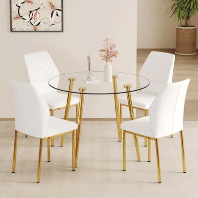 5-Piece Small Dining Table Set for 4, Modern Round Glass Table with 4 Faux Leather Dining Chairs for Small Spaces