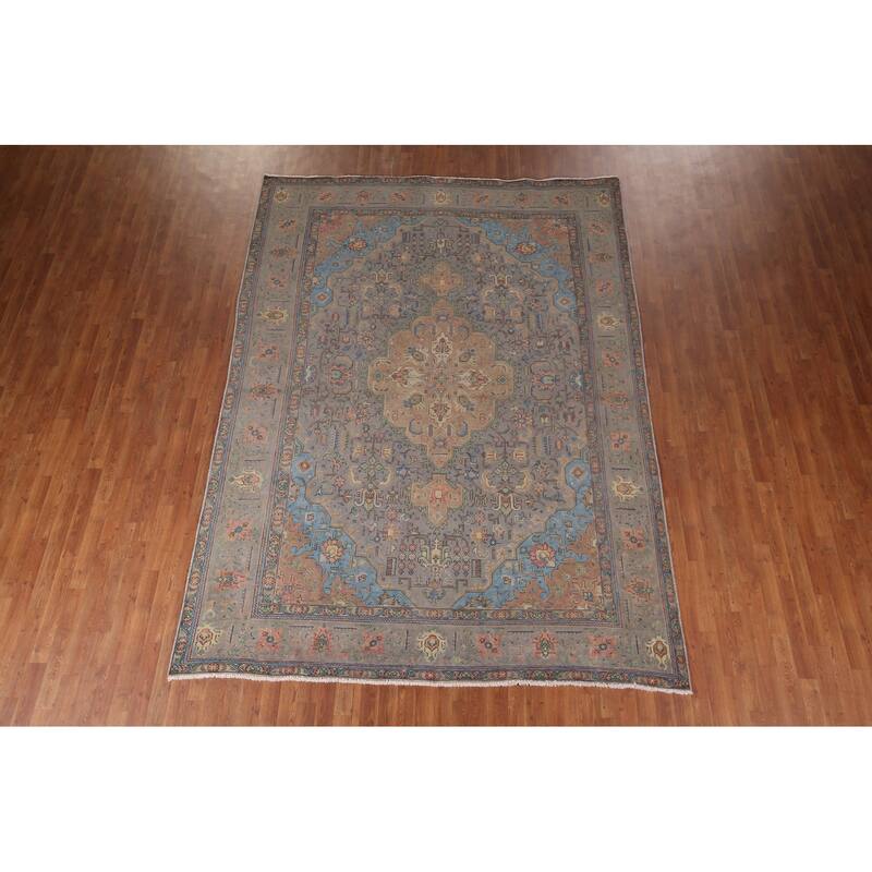 Gray Tabriz Persian Vintage Rug Hand-Knotted Wool Carpet - 8'0"x 10'10"