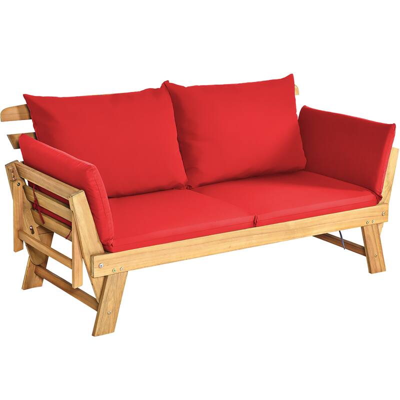 Acacia Wood Patio Convertible Sofa Bed with Adjustable Armrest - Red