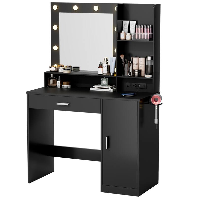Furniwell Makeup Dresser Desk Table with Lighted Mirror,Vanity Desk with Charging Station, 1 Drawers, 10 LED Light