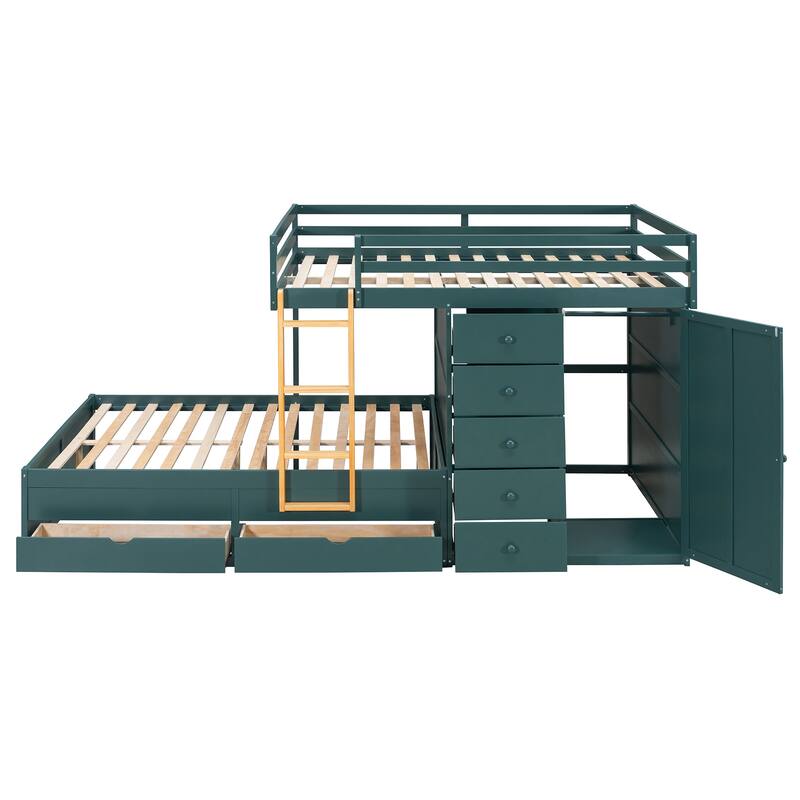 Kids Bed Frame Full Over Full Bunk Bed with Drawers and Wardrobe