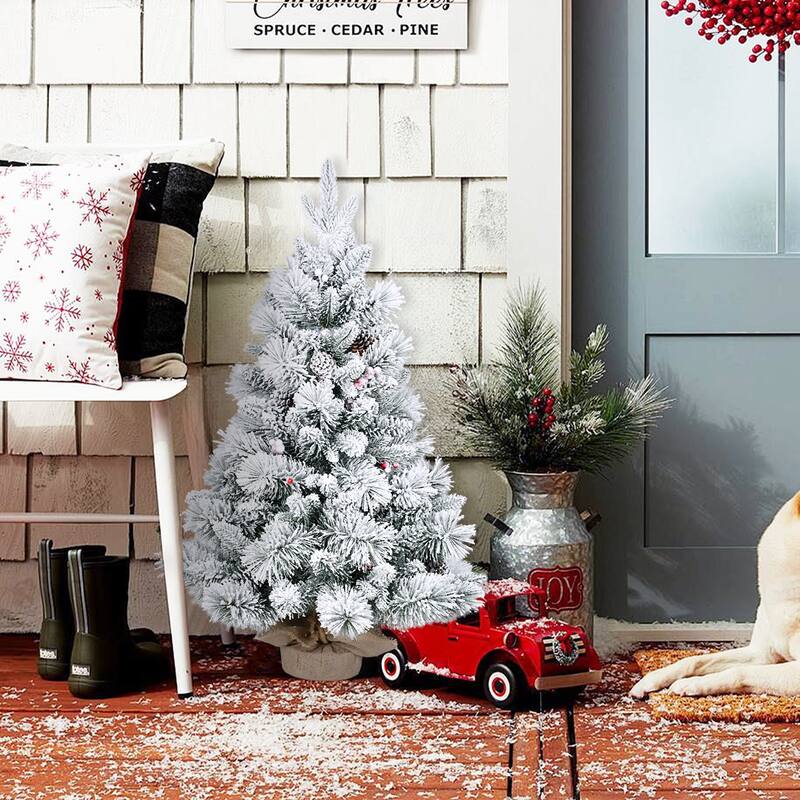 3FT Flocked Christmas Tree with PE/PVC & Pine Needle Branches, 170 Tips, Decorated with Pine Cones & Berries-Snowy Holiday Tree - White+Green
