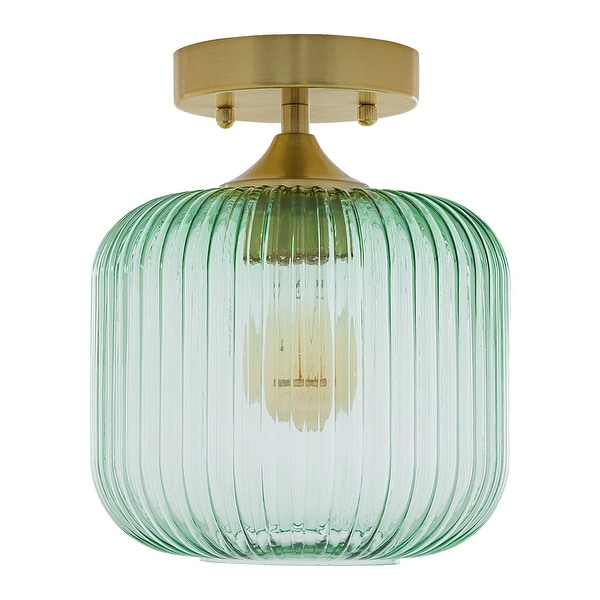 River of Goods Ignace Brushed Gold Metal 10 Inch Ceiling Light with Green Glass Globe Shade 8 x 8 x 10