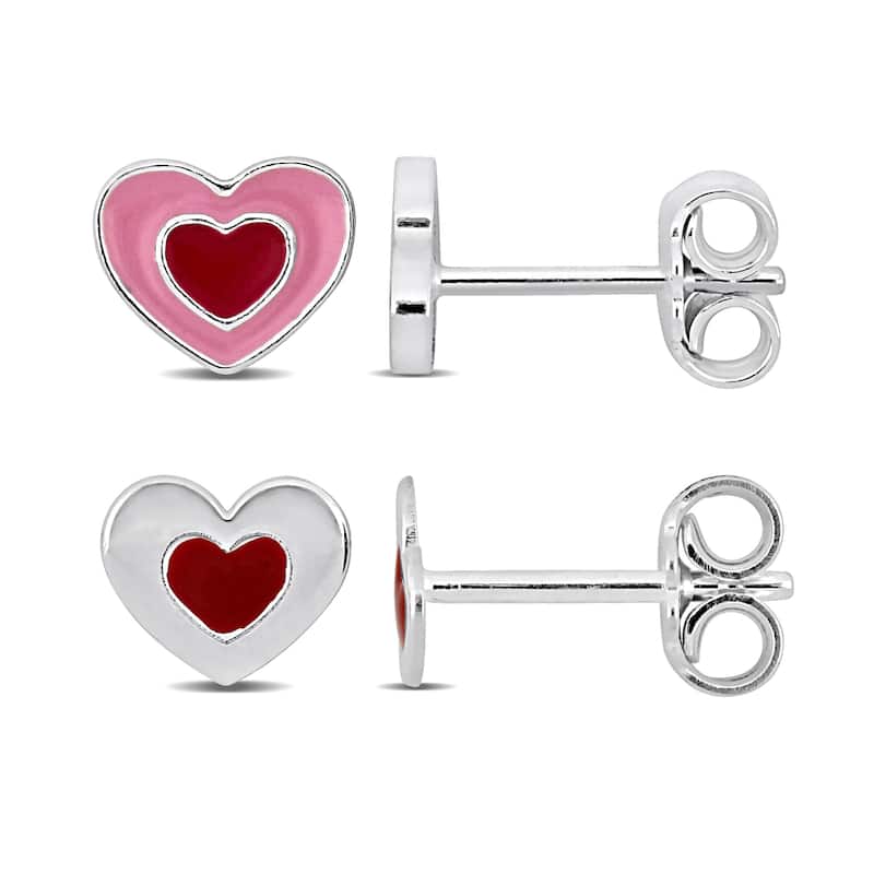 Miadora Children's Heart Enamel Stud Earrings 2-Piece Set Sterling Silver