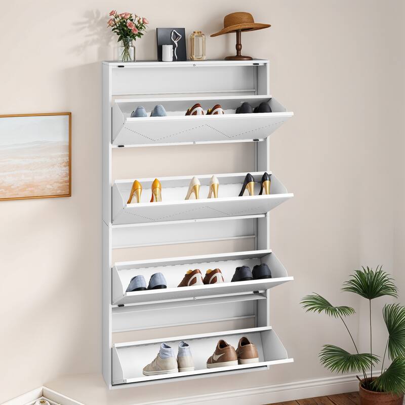 Moasis 3-Drawer Flip-Down Shoe Storage Cabinet, Wall-Mounted Metal Organizer - 4 Drawer - White