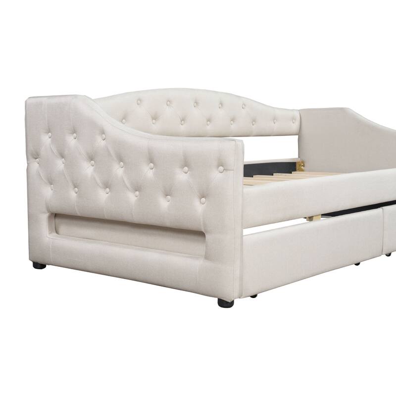 Twin XL Size Daybed with 2 Storage Drawers & LED Light, Linen Upholstered Sofa Bed Frame with Cover Backrest & Solid Wood Slats