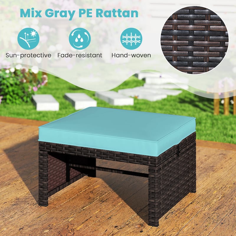 Set of 2 Outdoor Rattan Footstools Ottomans with Cushions for Patio Decor or Garden Seating - 16" L x 19" W x 9.5" H