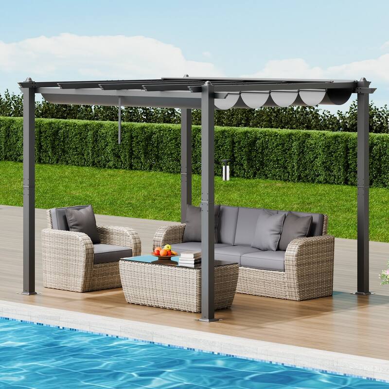 10 x 10 Feet Outdoor Retractable Pergola with Sunshade Canopy and Heavy-Duty Aluminum Frame