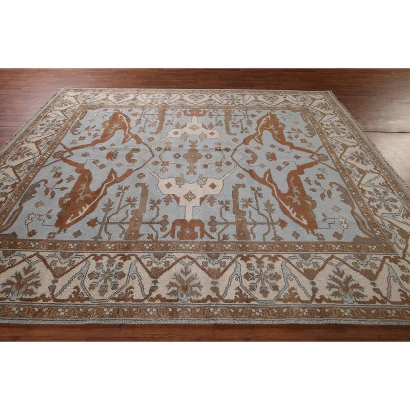 Light Blue Oushak Indian Area Rug Hand-Knotted Wool Carpet - 8'1"x 9'11"