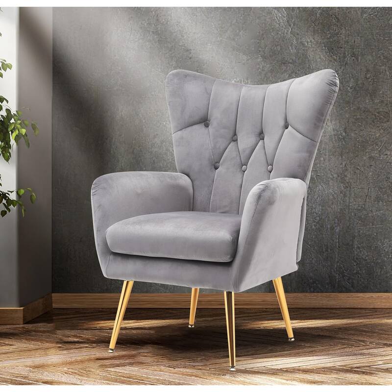 Modern Chic Mid-Century Velvet Accent Armchair Button-Tufted Wingback Design with Gold Flared Legs
