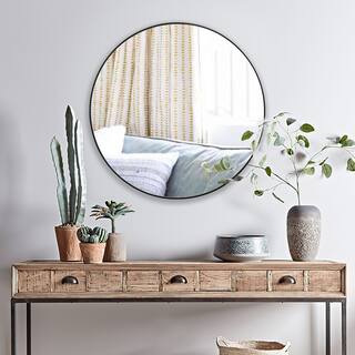 Round Shape Sleek Metal Frame Mirror, Black