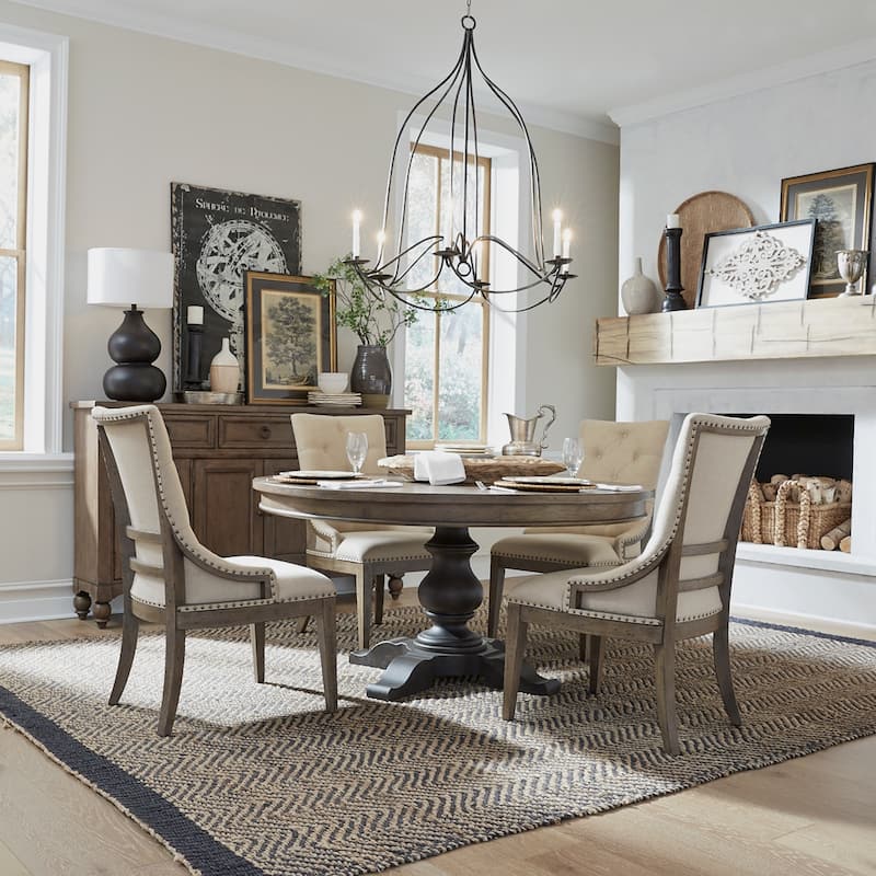 Americana Farmhouse Dusty Taupe Pedestal Table Set with Dining Chairs Options - 4 Shelter Side Chairs