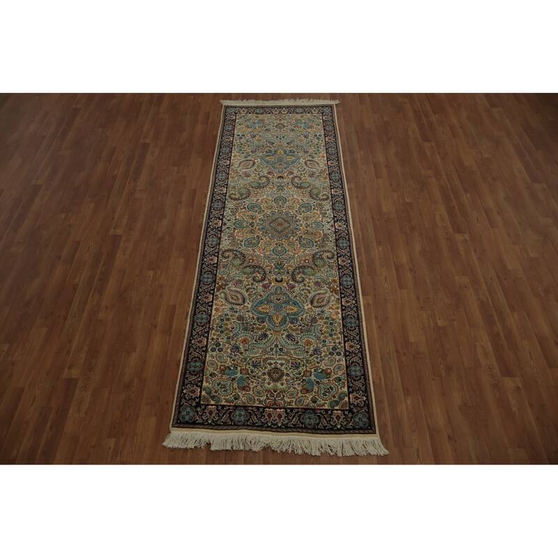 Hand Knotted Oriental 100% Wool Carpet Traditional Floral Beige & Ivories Qum Runner Rug - 9' 3'' X 3' 2''