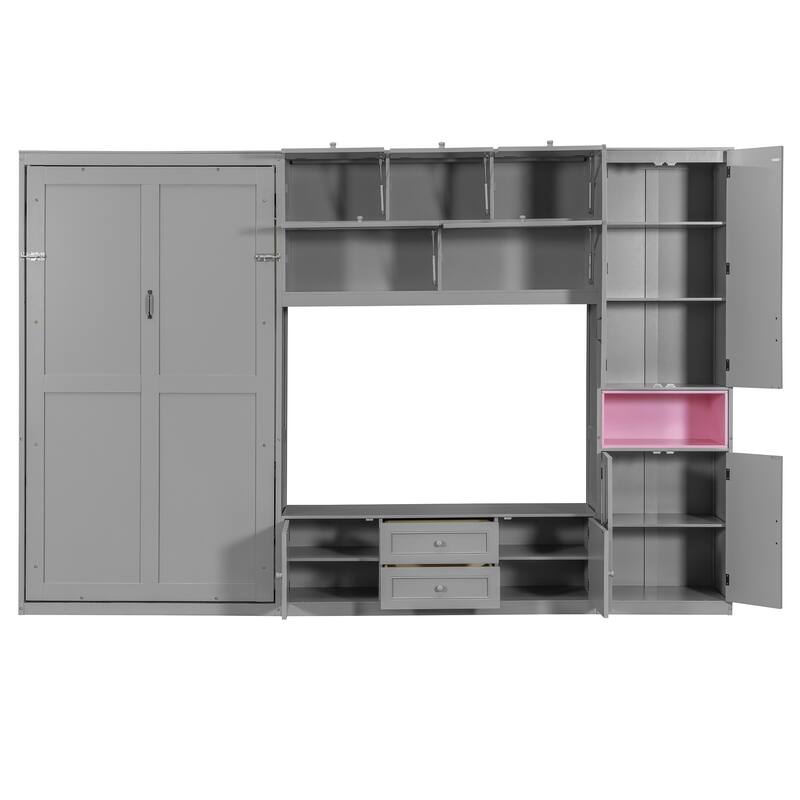 Space-Saving Twin Murphy Bed with TV Stand, Storage Drawers & Shelves in Gray