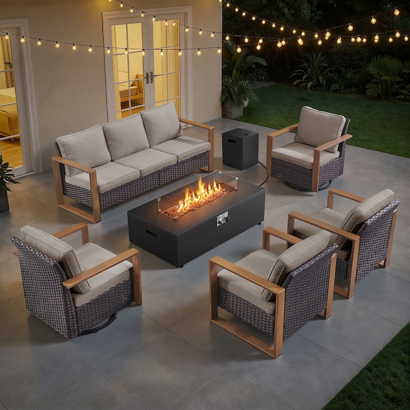 Meyreso Wicker Outdoor Patio Fire Pit Set with Swivel Gliders and 4.5-Inch Olefin Cushions - Brown / Beige Cushions - 6-Piece