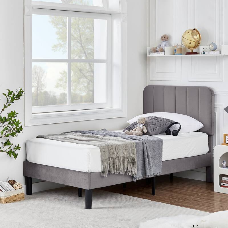 Javlergo Upholstered Platform Bed Frames with Height Adjustable Headboard, Sturdy Wooden Slats/Noise-free - Grey - Twin