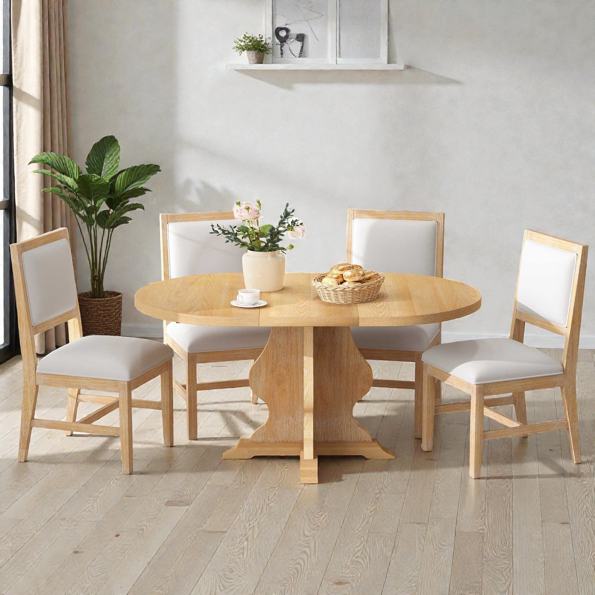 5-Piece Extendable Dining Table Set for 4, 42.5-58.2 Inch Wood Dining Table with 15.7 Inch Leaf and Upholstered Chairs