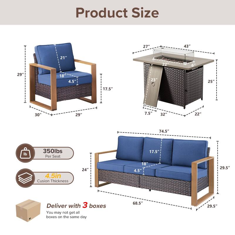 Meyreso Wicker Patio Conversation Set with Fire Pit Table & Olefin Cushions