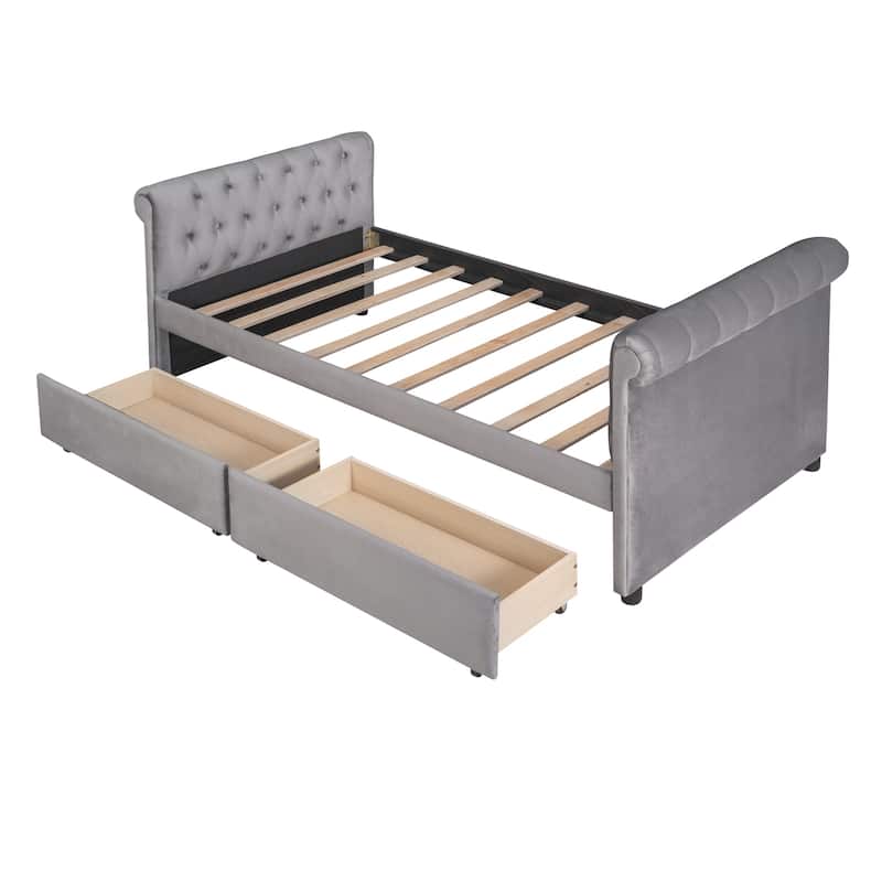 Twin Size Upholstered daybed with Drawers, Wood Slat Support, Beige
