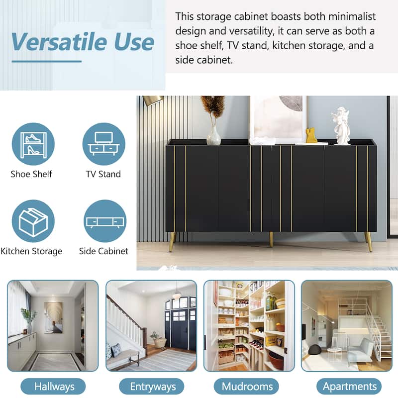 Roomfitters Modern Shoe Cabinet with Gold Line Doors, Sideboard and TV Stand with Adjustable Shelves, for Living Room