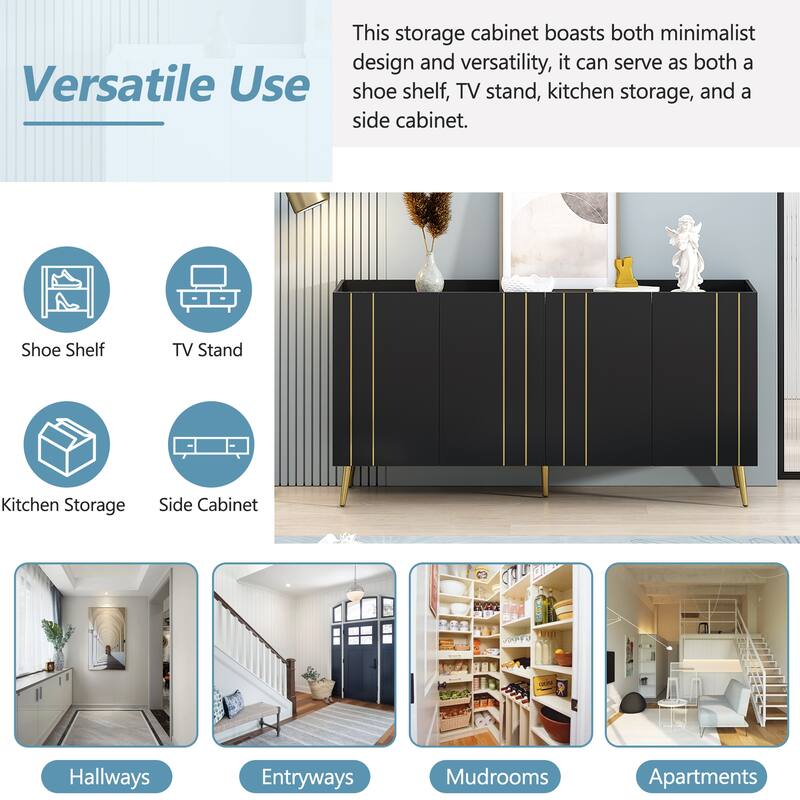 Shoe Cabinet with Gold Lines Doors & 4 Adjustable Shelves, Multi-functional TV Stand, Sideboard Cabinet with 5 Metal Legs
