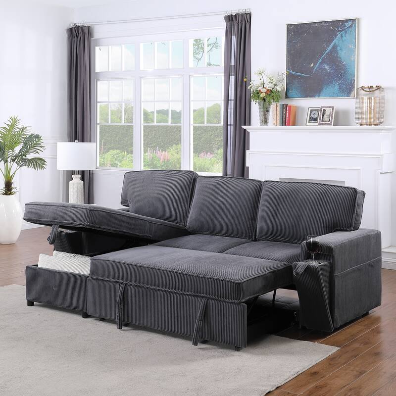 Sleeper Sectional with Storage, Upholstered Convertible Sofa Bed - Grey