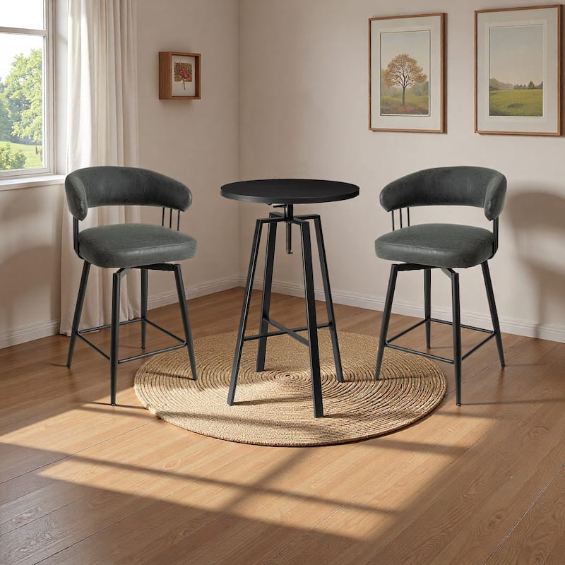 Glitzhome Modern 3-Piece Wooden Swivel Bar Stools & Height Adjustable Pub Table Set - Black Table & Black PU Counter Chairs