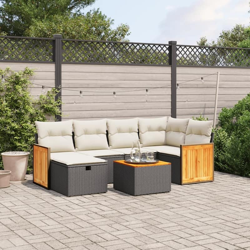vidaXL Patio Sofa Set with Cushions Outdoor Conversation Furniture Poly Rattan - Black and cream with table - form1 - 90.9 x 47.6 x 27.2 in