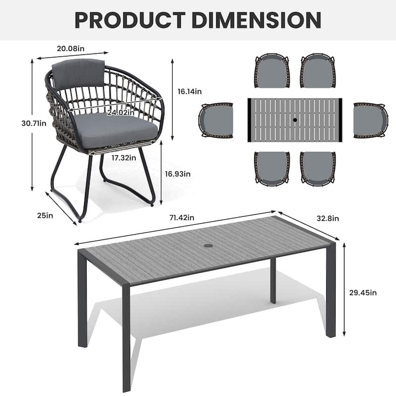 Outdoor Patio Dining Set Aluminum Table with Umbrella Hole with Rattan Chairs