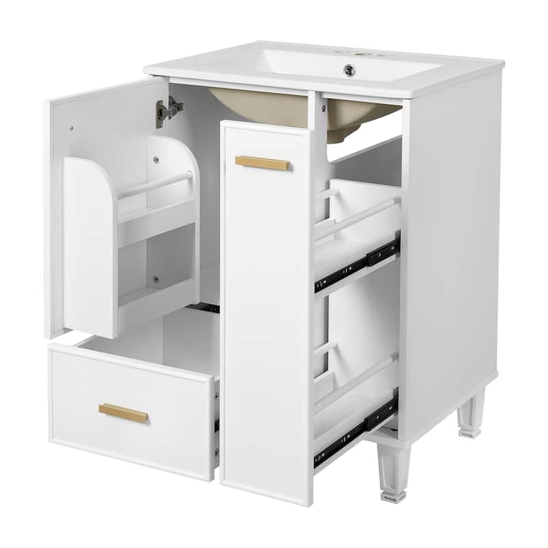 24"Bathroom Vanity with Sink, Bathroom Cabinet with Door Shelf, Deep Drawer, 2-Tier Pull-Out Basket, Solid Wood and MDF Board