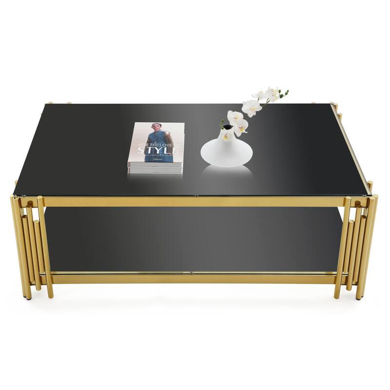 48" Wide Rectangular Coffee Table with Glass Top, Golden Stainless Steel Double-Layer Coffee Table for Living Room