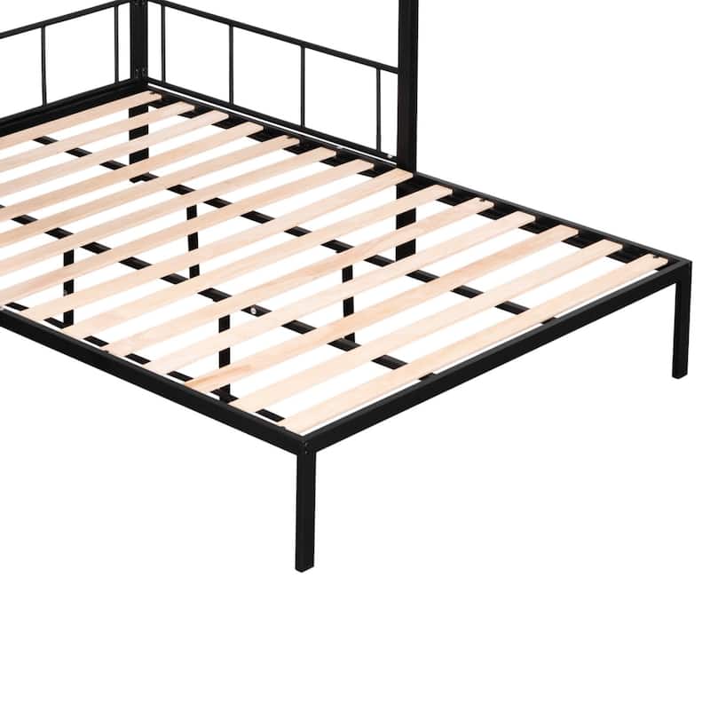 Twin over Full Size Metal Steel Bunk Bed with Shelves, Grid Panel, Sturdy Metal Bed Frame and Noise-free Wood Slats