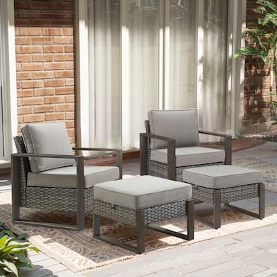 Gymojoy 2PCS PE Wicker Dining Chairs with 2 Ottomans - Grey