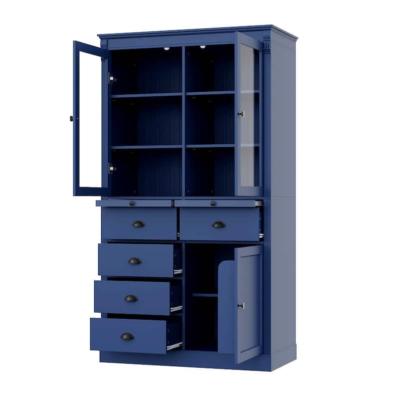 72''H Kitchen Pantry, Display Storage Cabinet with Glass Doors and Drawers, Serving Trays and Shelves - Blue