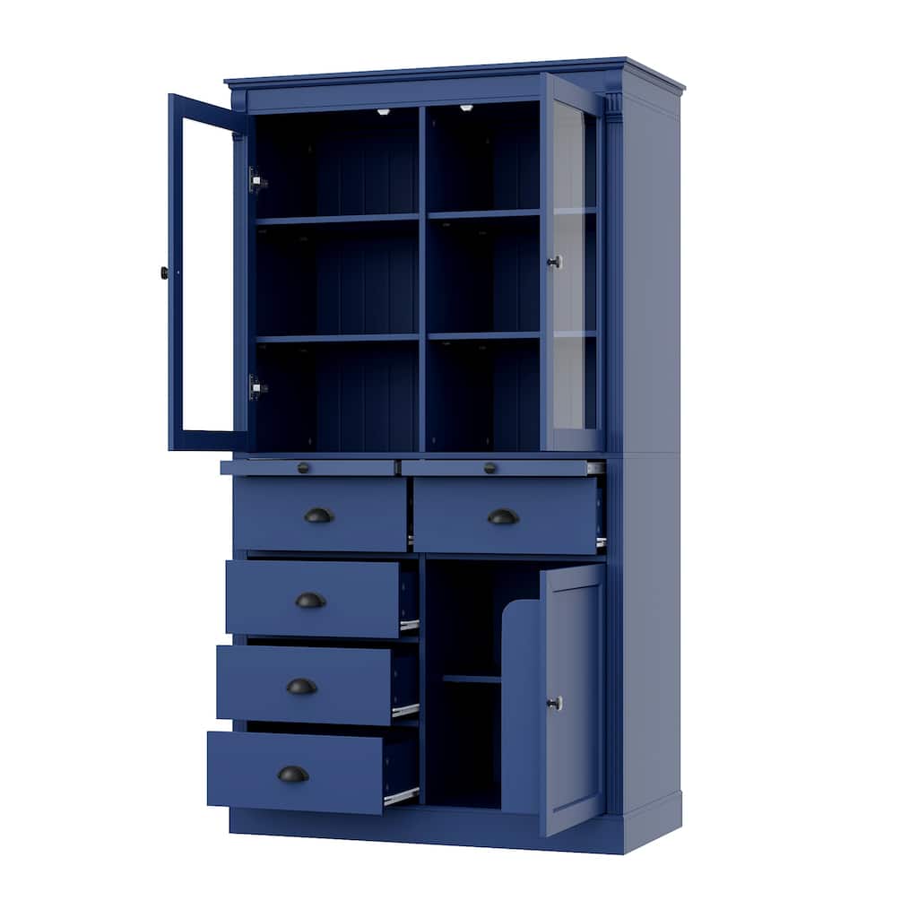 72''H Kitchen Pantry, Display Storage Cabinet with Glass Doors and Drawers, Serving Trays and Shelves