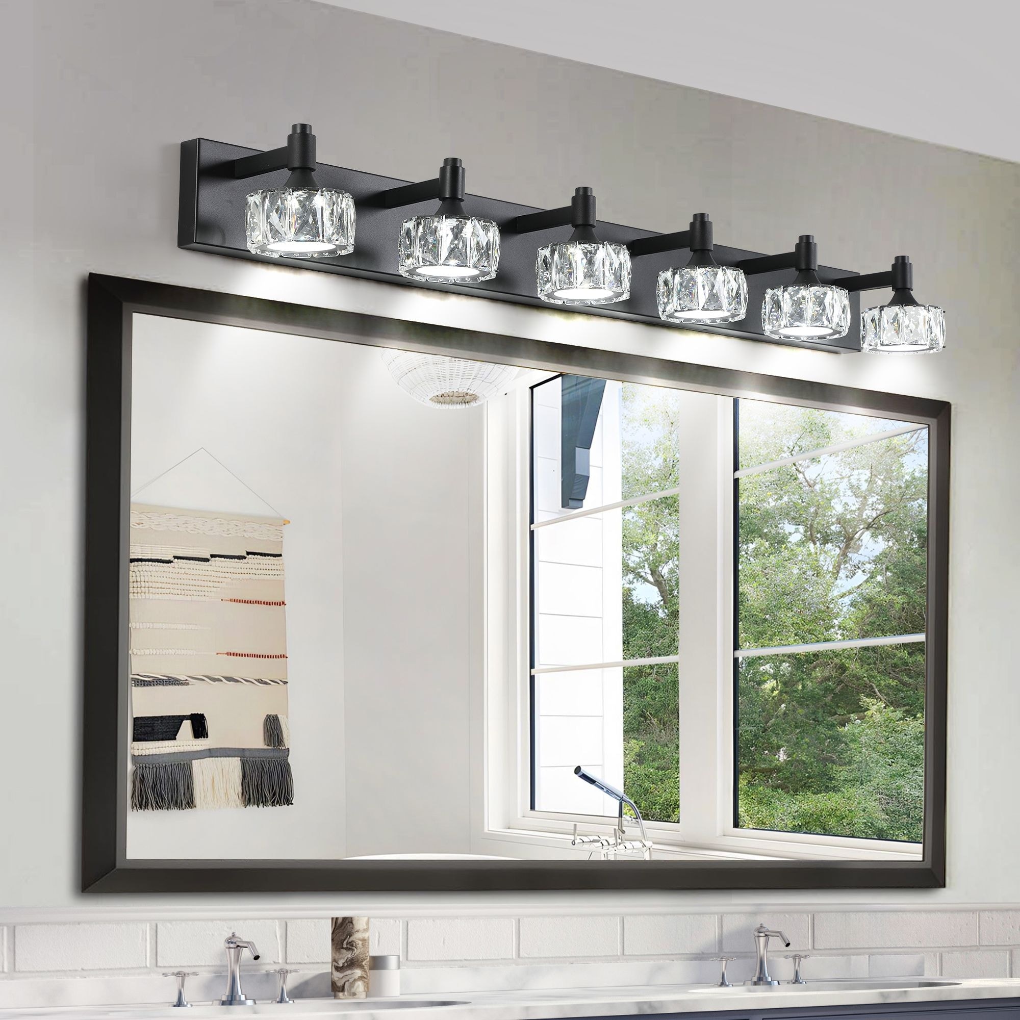 Modern 6-Light Matte Black LED Vanity Light Fixture with Crystal Glass Shades, Bathroom Wall Sconce