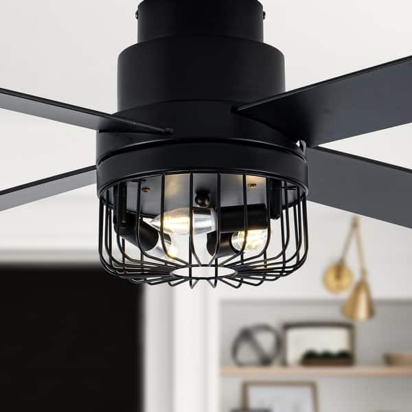 slide 2 of 12, Oaks Aura 52in. Black Industrial Flush Mount Ceiling Fan with Lights and Remote, 6-Speeds Reversible Low Profile Ceiling Fan Black
