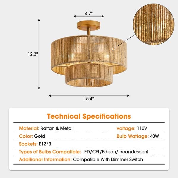dimension image slide 1 of 2, Bohemian 3-Light Antique Gold Natural Jute Rope Drum Semi-Flush Mount Ceiling Light - 15.4" W x 12.6" H