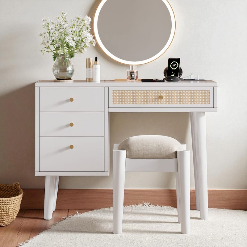 Wooden Makeup Vanity Desk with Stool, Rattan Drawer, 39" Boho Style Dressing Table with Charging Plug & USB Port