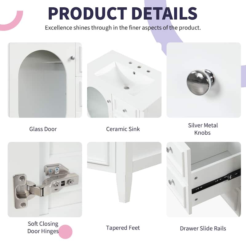 Modern Bathroom White Vanity with Sink, Oval Hazy Glass Door Cabinet and 3 Different-sized Drawers for Various Styles