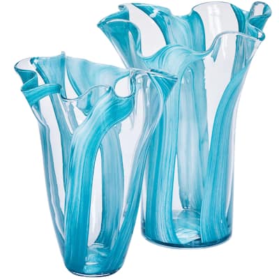 Set of Two Green Striped Handblown Glass Vases
