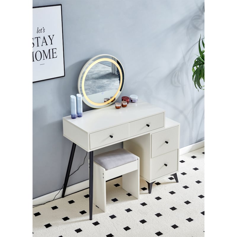 Fluted Makeup Vanity Desk with Round LED Mirror and Lights - Milk White