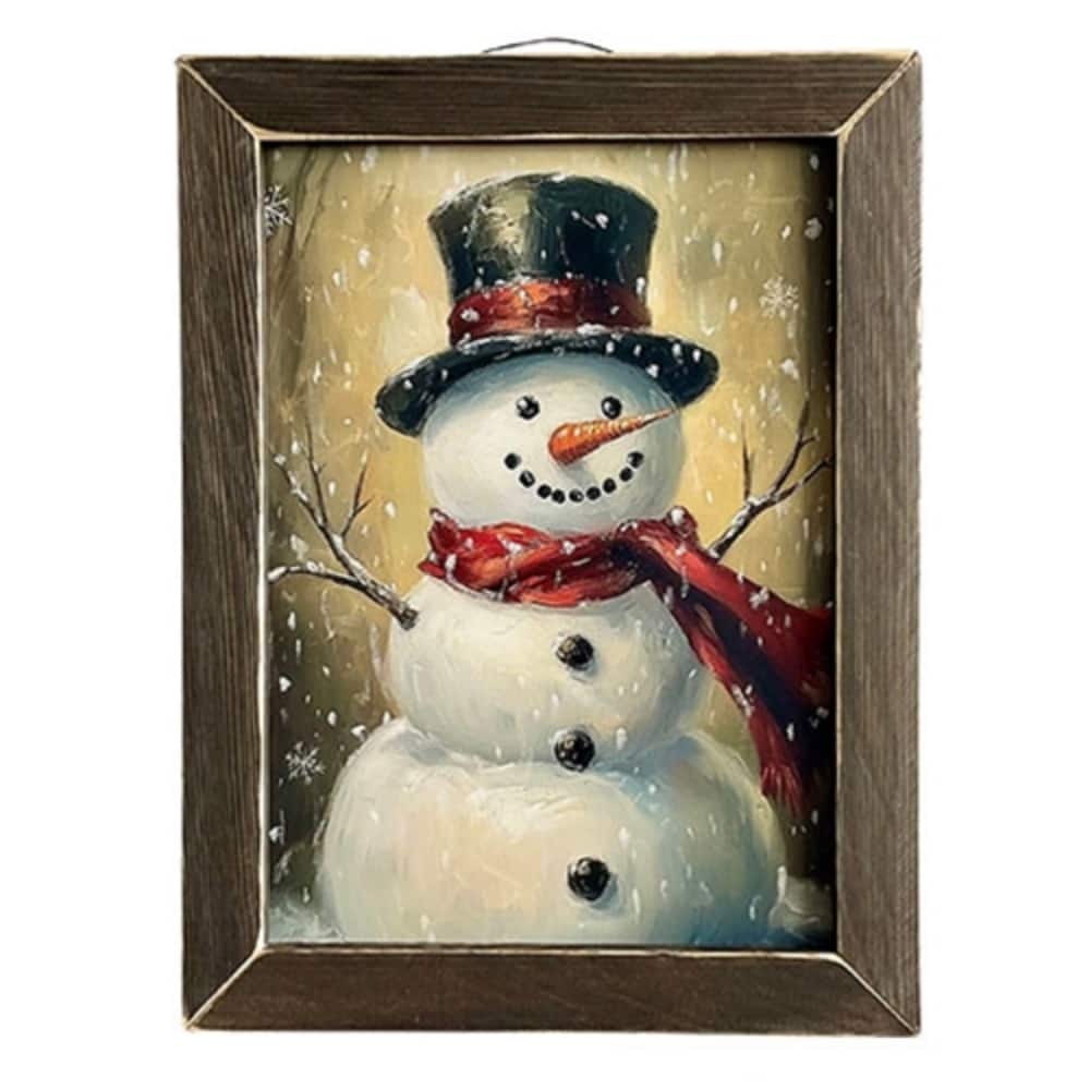 Building a Snowman Framed Print Christmas Wall Art Children Snow Scene Dark Wood Holiday Decor 18x14
