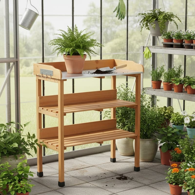 Anmytek Solid Wood Potting Bench with Waterproof Metal Tabletop, 3-Tier Outdoor Gardening Workstation with Storage Shelves