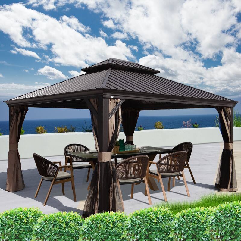 Kozyard Alexander Hardtop Aluminum Gazebo with Mosquito Net and Privacy Curtain