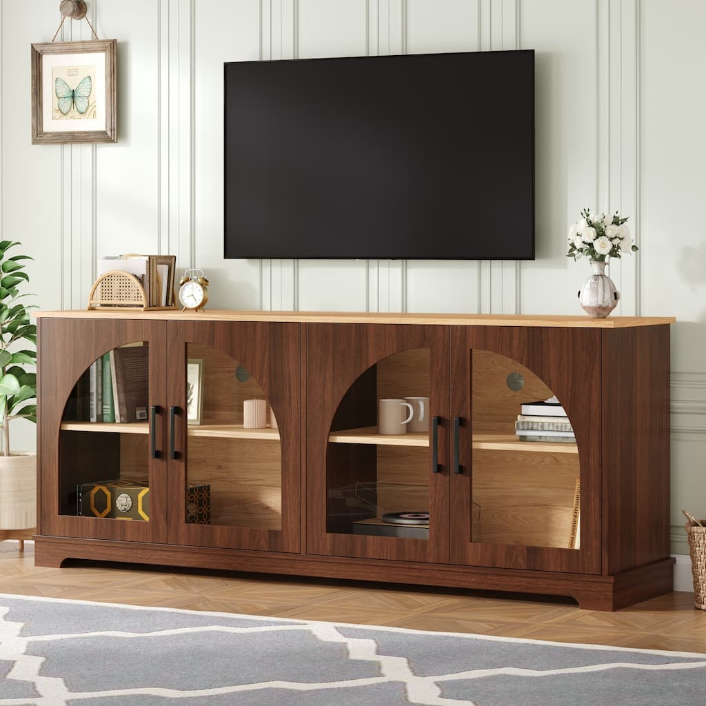 Farmhouse TV Stand with Glass Doors for TVs Up to 70", Wood Sideboard with Adjustable Shelves, Two-Tone TV Storage Cabinet