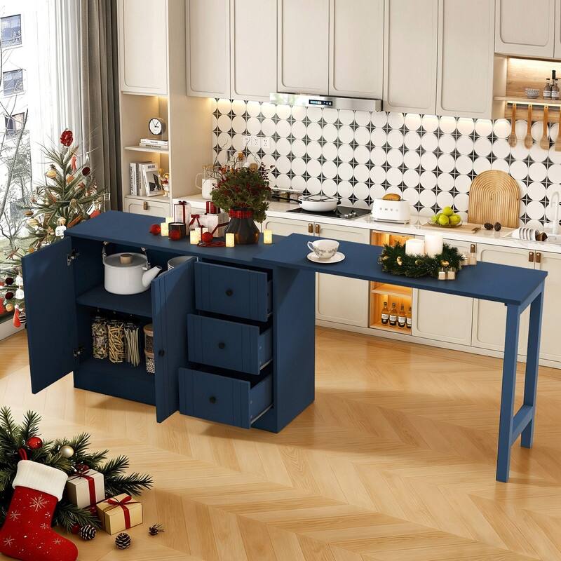 Multifunctional 89.7" Wooden Sideboard with Extendable Table and Storage for Living Room Organization - Navy Blue