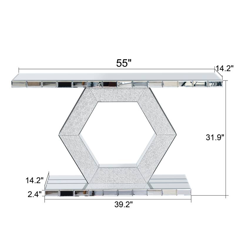 54.9" Modern Crystal Hexagon Mirror Console Table with Diamond Glass Effects